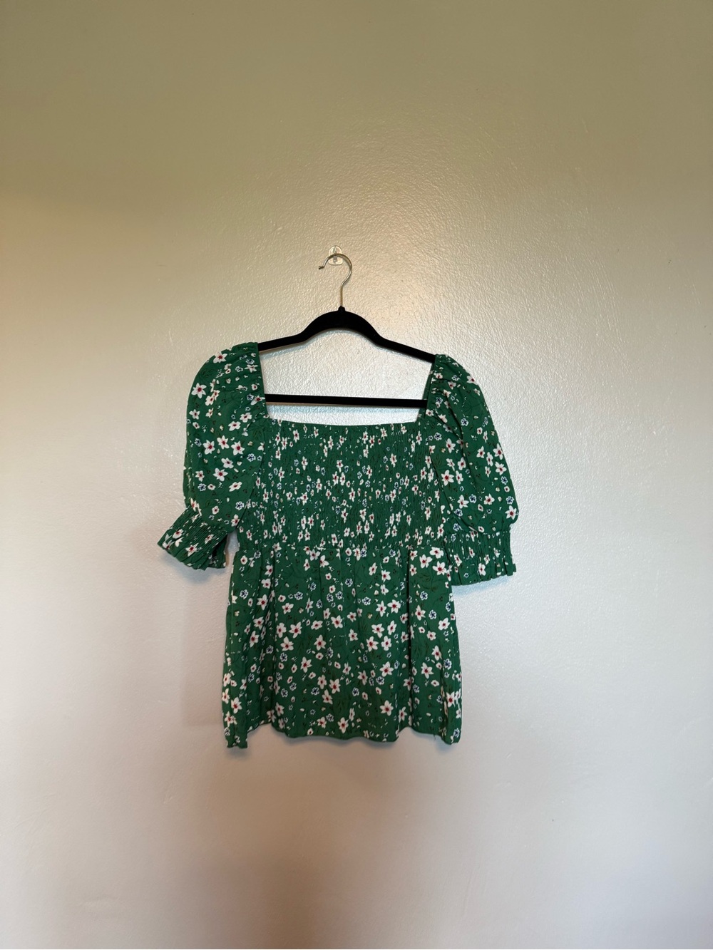 SHEIN Green Floral Smocked Square-Neck Top